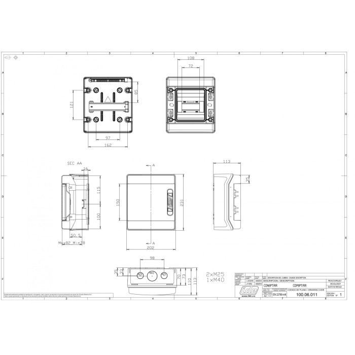 CDN6PT/RR Корпус розподільчий (ABS-пластик) ECOLOGY,1x6 модулів 231x202x113, IP65, з шинами N і PE