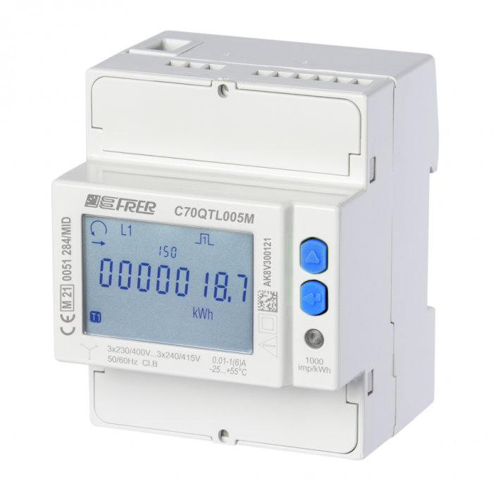 C70QTL005M4CAD Лічильник на DIN-рейку LCD 3Ф 4-пров. 400V 1-5A MID, RS-486