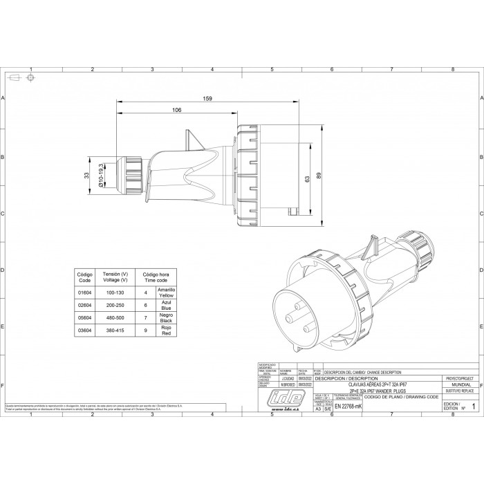 Вилка кабельна IDE MUNDIAL 2P+E 32 А 200–250 В IP66-67 - 02604