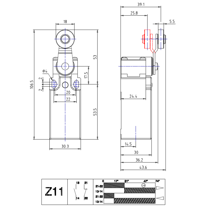 AP3T41Z11 Кінцевий вимикач з нейлоновим роликом 1NO+1NC
