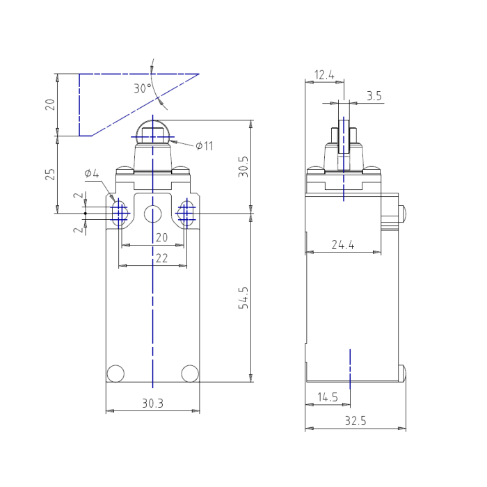 AM5F12W02 Плунжер зі сталевим роликом – IP66 – EN50047. Контакти повільної дії (2NC)