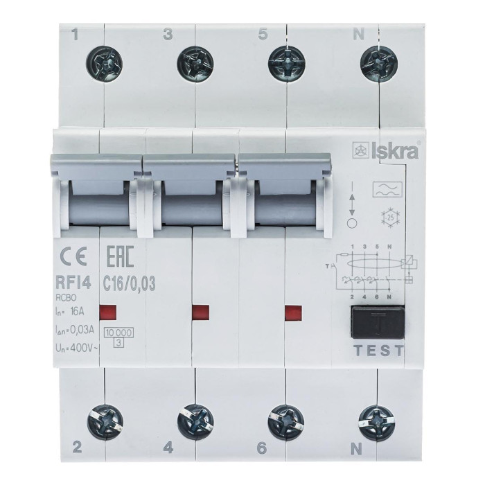 Диференційний автоматичний вимикач ISKRA RFI4 3P+N C10A/0.03 10кА - 786100976000