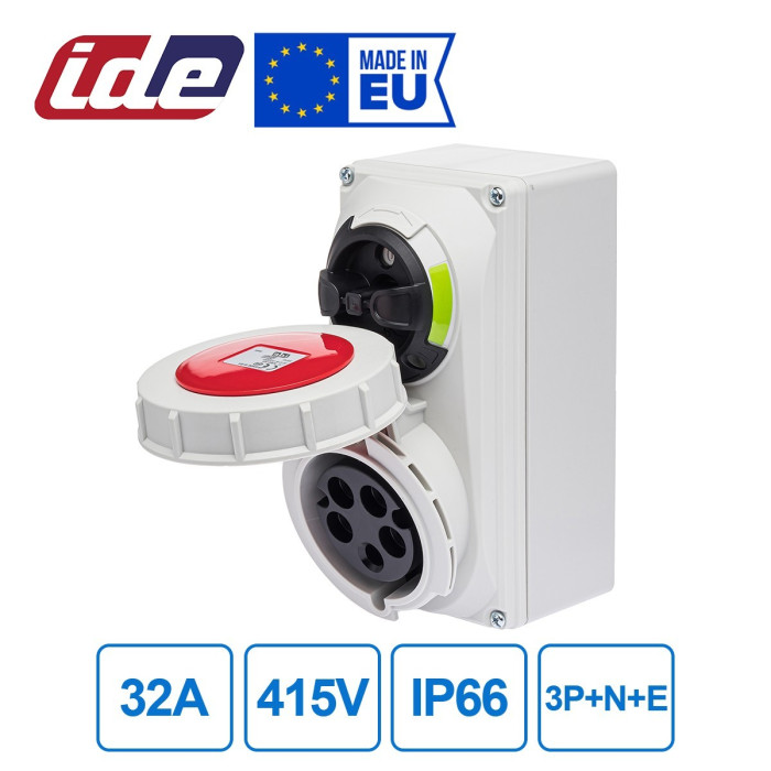 Розетка настінна з механічним блокуванням IDE MUNDIAL 3P+N+E 32 А 200/346–240/415 В IP67 - 03836
