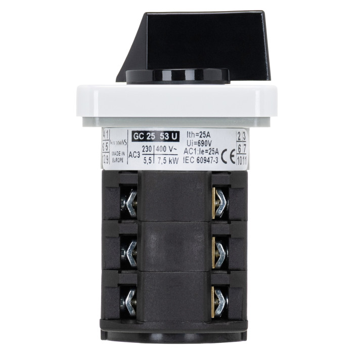 Кулачковий перемикач GC 25A 3P схема 53 (1-0-2)