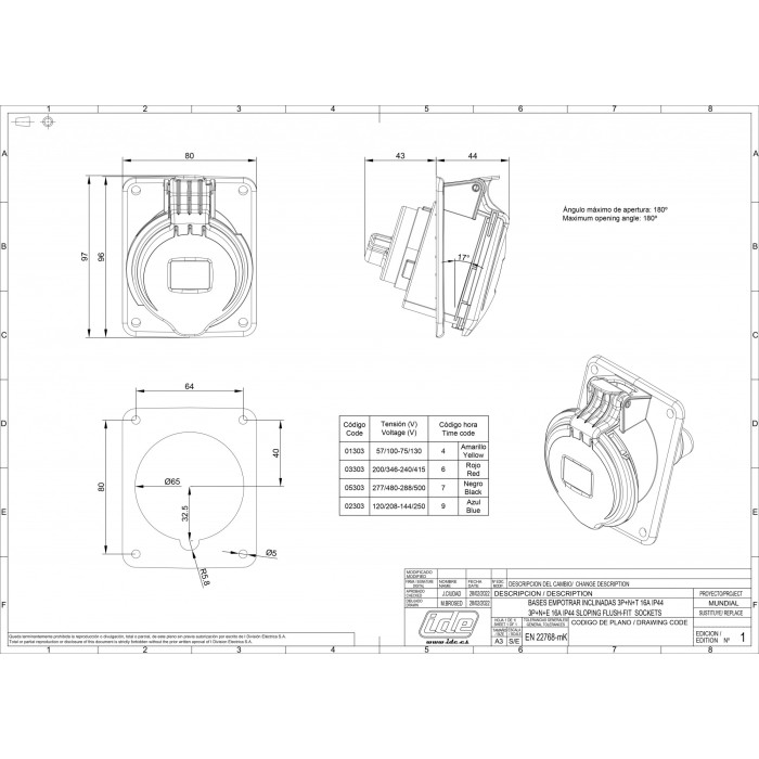 Розетка вбудована похила IDE MUNDIAL 3P+N+E 16 А 200/346–240/415 В IP44 - 03303