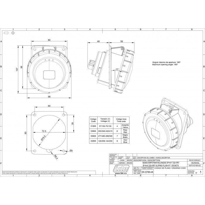 Розетка похила IDE MUNDIAL 3P+N+E 32 А 200/346–240/415 В IP66-67 - 03806