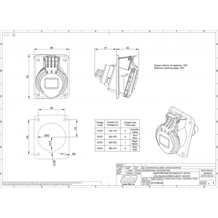 Розетка вбудована похила IDE MUNDIAL 2P+E 16 А 200–250 В IP44 - 02301