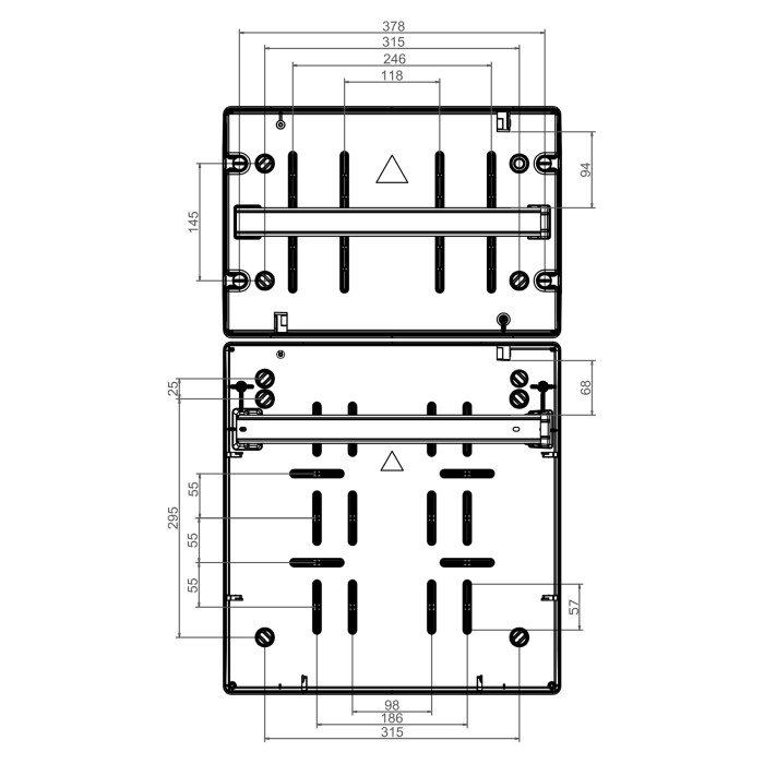 PCSN36PT/RR Настінний корпус для сил. розеток з отв STAR 2х18 MOD 728x418x147мм, IP65 з шинами N+PE