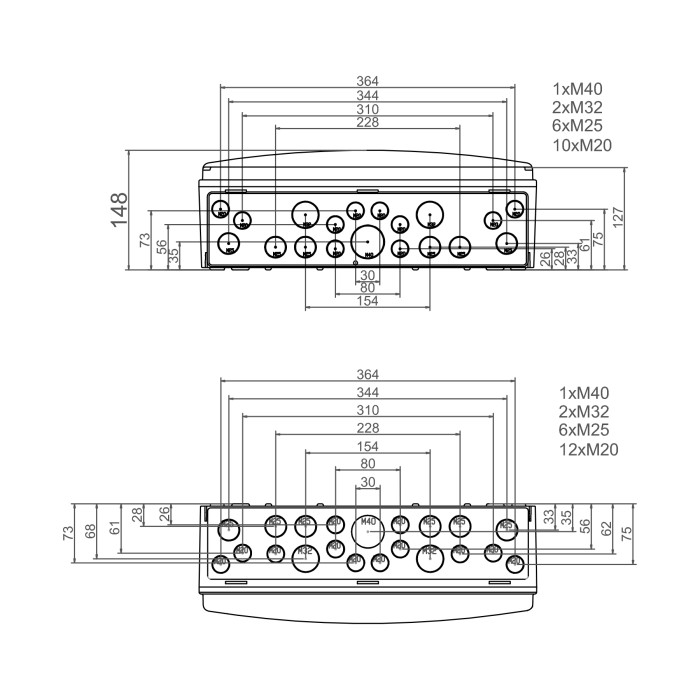 PCSN36PT/RR Настінний корпус для сил. розеток з отв STAR 2х18 MOD 728x418x147мм, IP65 з шинами N+PE