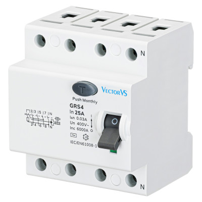 Пристрій захисного відключення Vector VS GENESIS 4P 25A 30mA тип AC 6kA