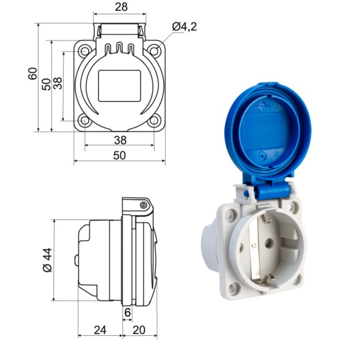 Розетка настінна IDE SCHUKO 2P+E 16 А 250 В IP54 - 00452