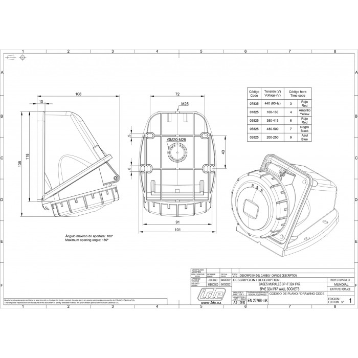 Розетка настінна IDE MUNDIAL 3P+E 32 А 380–415 В IP66-67 - 03825
