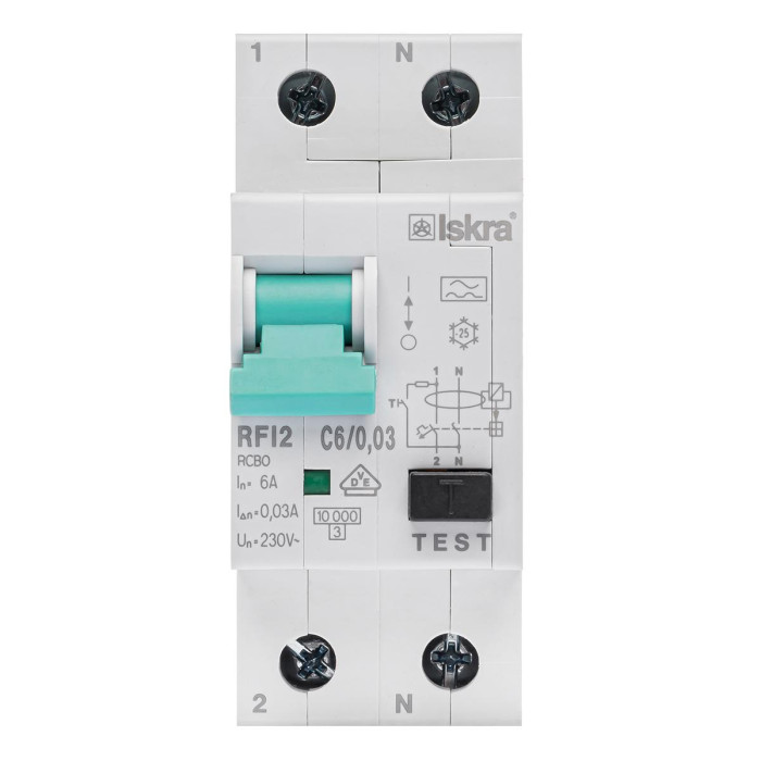 Диференційний автоматичний вимикач ISKRA RFI2 1P+N C10A/0.03 10кА - 786100602000