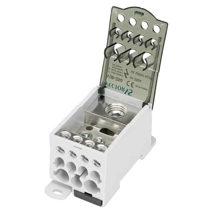 Розподільчий блок Vector VS VJB-250 на DIN-рейку, 250A, вх.1×35-120mm, вих.5×2.5-16, 4×2.5-10, 2×6-35mm