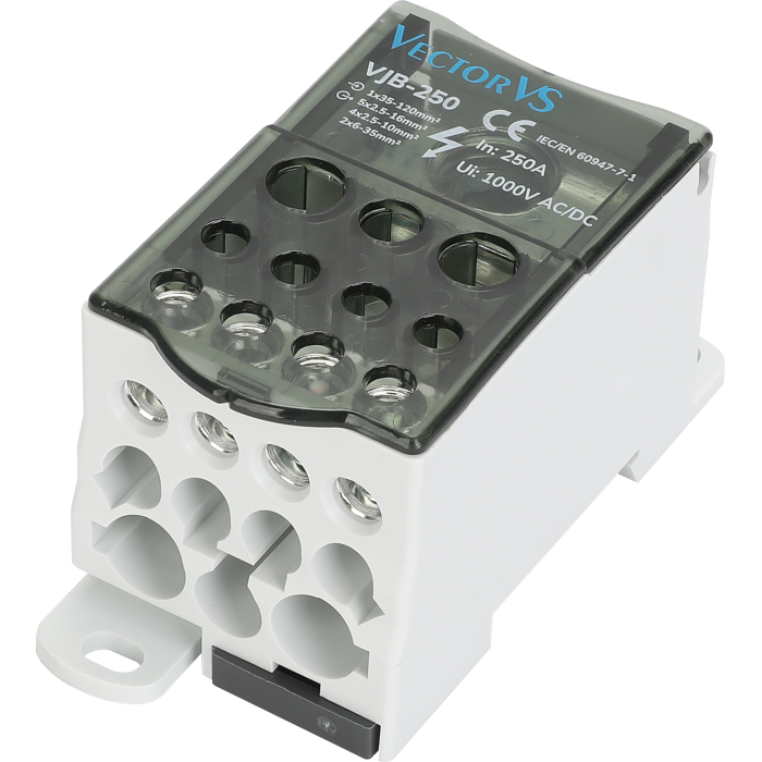 Розподільчий блок Vector VS VJB-250 на DIN-рейку, 250А, вх.1х35-120 мм, вих.5х2.5-16, 4х2.5-10, 2х6-35 мм - VJB250