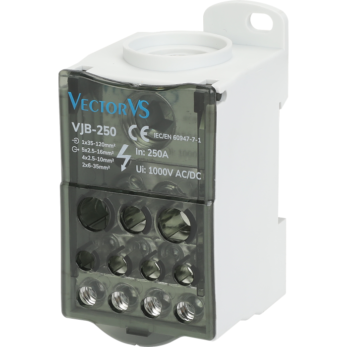 Розподільчий блок Vector VS VJB-250 на DIN-рейку, 250А, вх.1х35-120 мм, вих.5х2.5-16, 4х2.5-10, 2х6-35 мм - VJB250