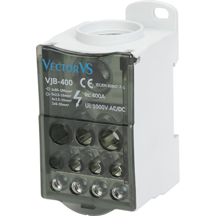 Розподільчий блок VJB-400 на DIN-рейку, 400А, вх.1х95-180мм², вих.5х2.5-16, 4х2.5-10, 2х6-35мм²