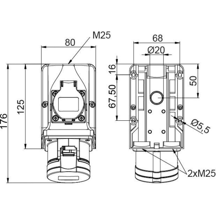 Розетка комбінована IDE SCHUKO 3P+N+E 32 А 200/346–240/415 В IP44 - 00316