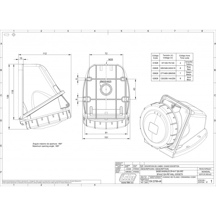 Розетка  настінна IDE MUNDIAL 3P+N+E 32 А 200/346–240/415 В IP66-67 - 03826