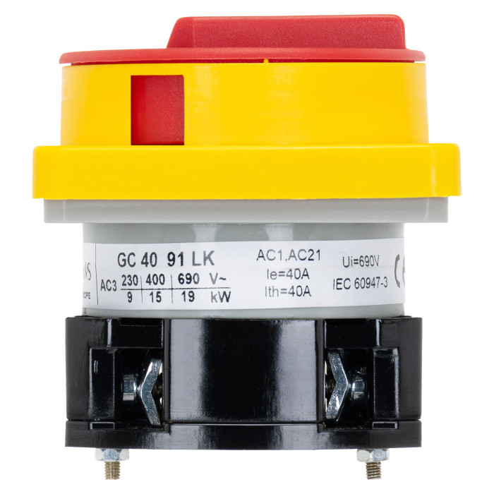 Кулачковий перемикач GC 40A 2P схема 91 (0-1) жовто-червоний