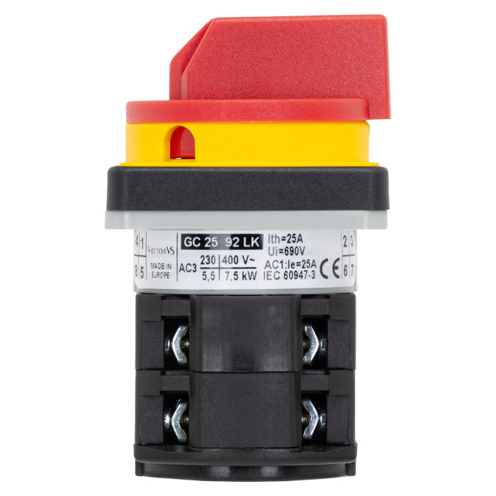Кулачковий перемикач GC 25A 4P схема 92 (0-1) жовто-червоний