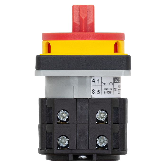 Кулачковий перемикач GC 25A 4P схема 92 (0-1) жовто-червоний
