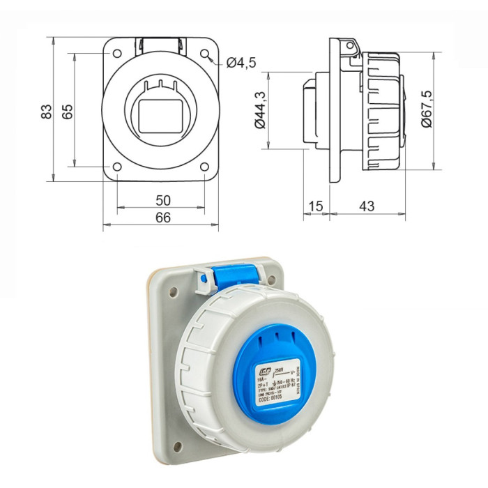 Розетка настінна IDE SCHUKO 2P+E 16 А 250 В IP67 - 00105