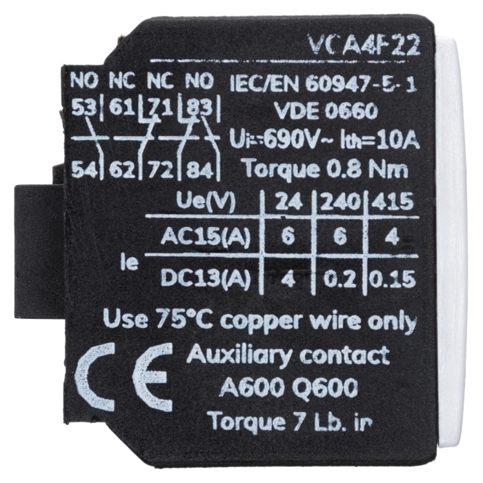 Додатковий контакт фронтальний Vector VS VCA 2NO+2NC для VCN 9...70
