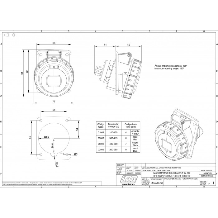 Розетка вбудована похила IDE MUNDIAL 3P+E 16 А 380–415 В IP66-67 - 03802