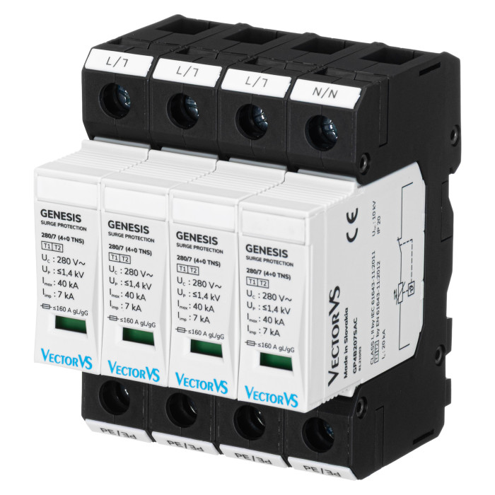 Обмежувач перенапруги Vector VS GENESIS 4P 230/280В AC 40 кА Клас I+II+III/Клас B+C+D (4+0 TNS)