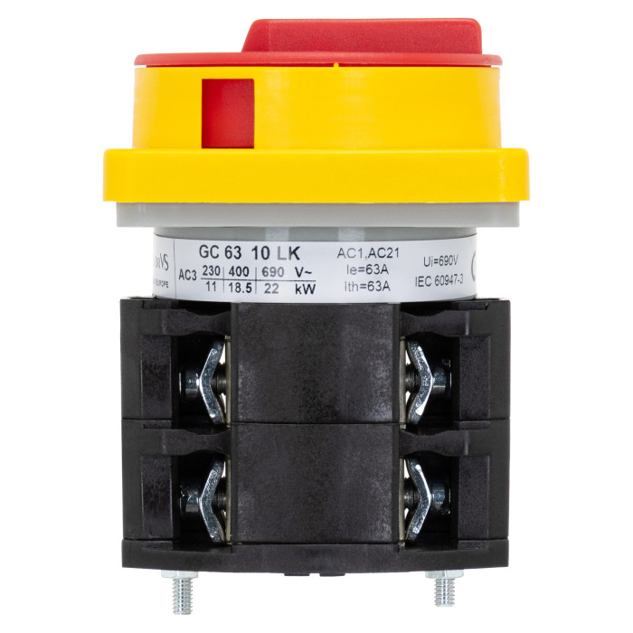 Кулачковий перемикач GC 63A 3P схема 10 (0-1) жовто-червоний
