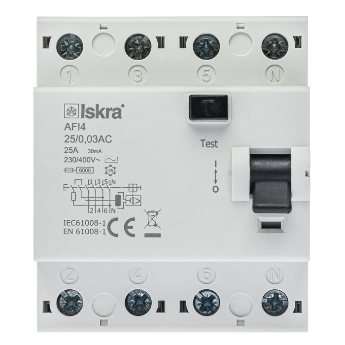 Пристрій захисного відключення ISKRA AFI4 25A 3P+N 0.03А - 030105067000