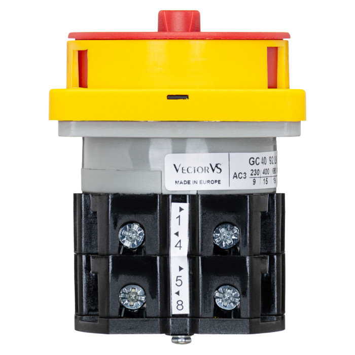 Кулачковий перемикач GC 40A 4P схема 92 (0-1) жовто-червоний