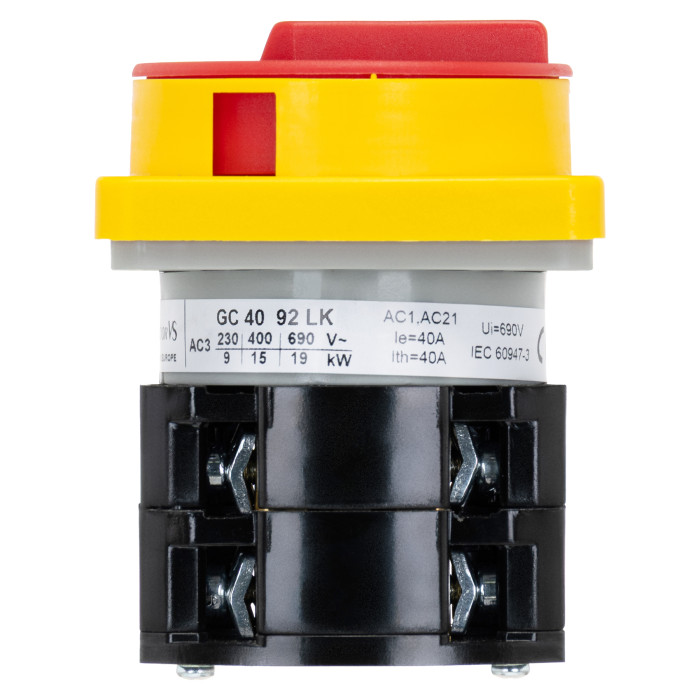 Кулачковий перемикач GC 40A 4P схема 92 (0-1) жовто-червоний