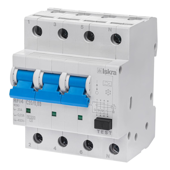 Диференційний автоматичний вимикач ISKRA RFI4 3P+N C20A/0.03 10кА - 786100979000