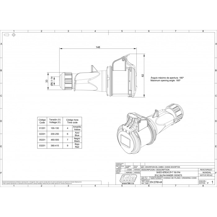 Розетка кабельна IDE MUNDIAL 2P+E 16 А 200–250 В IP44 - 02201