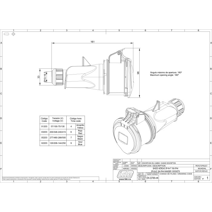 Розетка кабельна IDE MUNDIAL 3P+N+E 16A 200/346–240/415V IP44