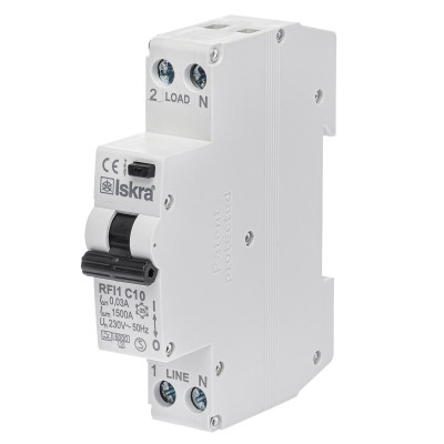 Диференційний автоматичний вимикачISKRA RFI1 1P+N C10A/0.03 6кА