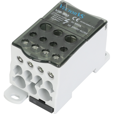 Розподільчий блок VJB-500 на DIN-рейку, 500А, вх.8х24х1-2х20х1, вих.5х2.5-16, 4х2.5-10, 2х6-35мм²