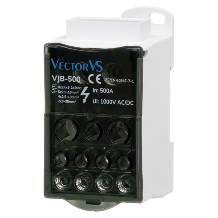 Розподільчий блок Vector VS VJB-500 на DIN-рейку, 500A, вх.8×24х1-2×20х1, вих.5×2.5-16, 4×2.5-10, 2×6-35mm