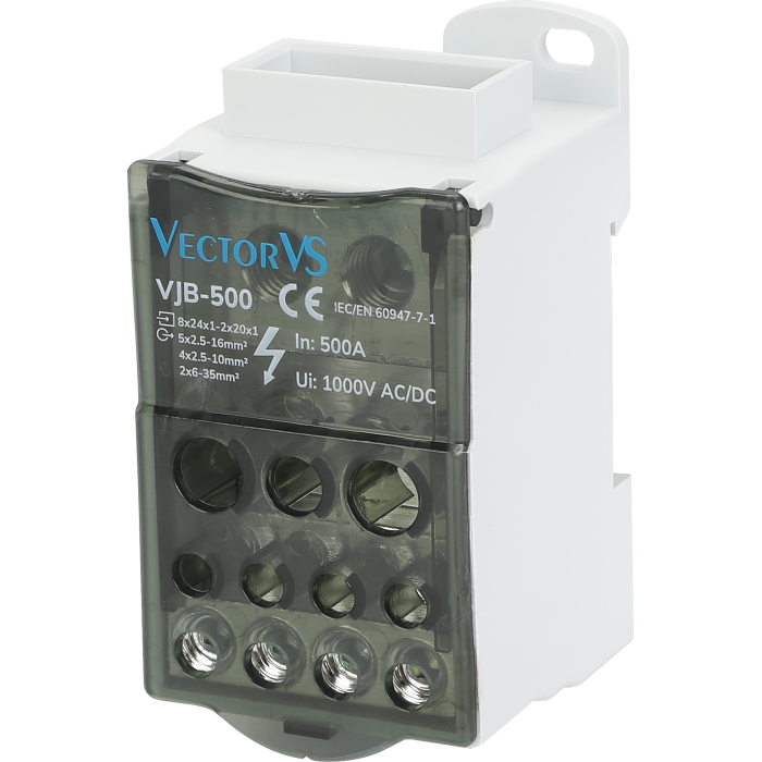 Розподільчий блок VJB-500 на DIN-рейку, 500А, вх.8х24х1-2х20х1, вих.5х2.5-16, 4х2.5-10, 2х6-35мм²