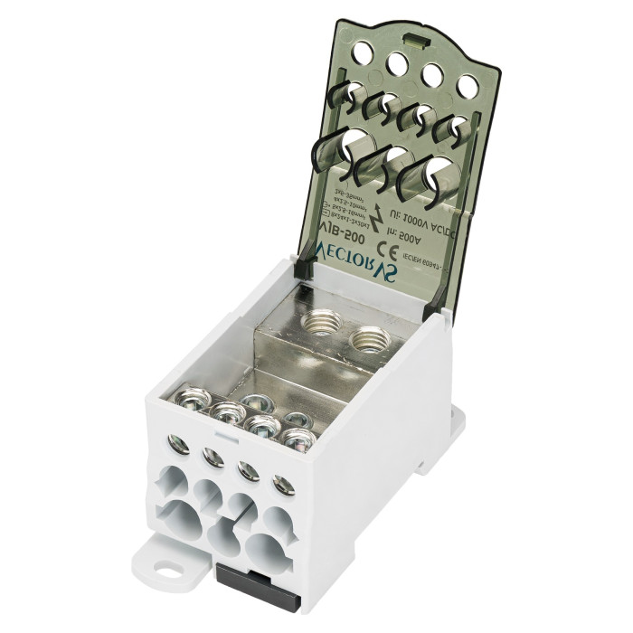 Розподільчий блок Vector VS VJB-500 на DIN-рейку, 500A, вх.8×24х1-2×20х1, вих.5×2.5-16, 4×2.5-10, 2×6-35mm