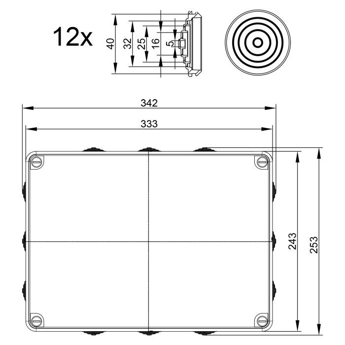 EV322 Клемна коробка 253x342x132,з кабельними вводами IP65 IDE