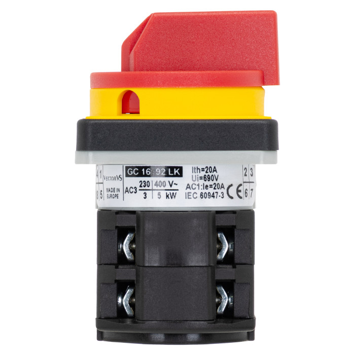 Кулачковий перемикач GC 16A 4P схема 92 (0-1) жовто-червоний