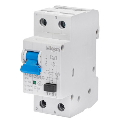 Диференційний автоматичний вимикачISKRA RFI2 1P+N C20A/0.03 10кА