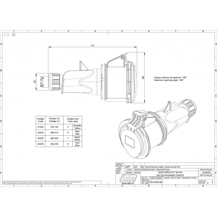 Розетка кабельна IDE MUNDIAL 3P+E 32 А 380–415 В IP44 - 03205