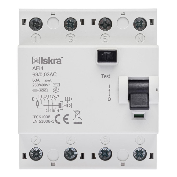 Пристрій захисного відключення ISKRA AFI4 63A 3P+N 0.03А - 030105073000