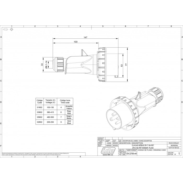 Вилка кабельна IDE MUNDIAL 3P+E 16 А 380–415 В IP66-67 - 03602