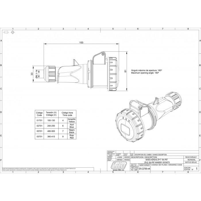 Розетка кабельна IDE MUNDIAL 2P+E 16 А 200–250 В IP66-67 - 02701