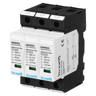 Обмежувач перенапруги Vector VS GENESIS 3P 230/280В AC 50 кА Клас I+II+III/Клас B+C+D (3+0 TNC) compact